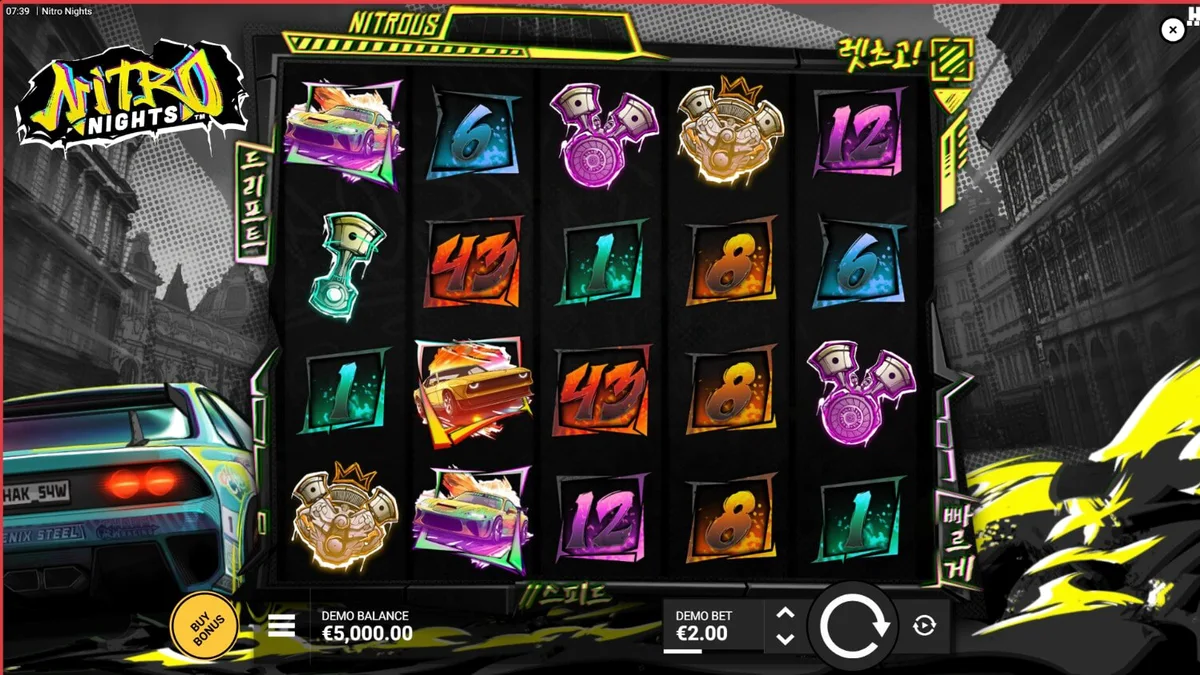 Neon-lit street racing scene featuring the Nitro Nights slot interface