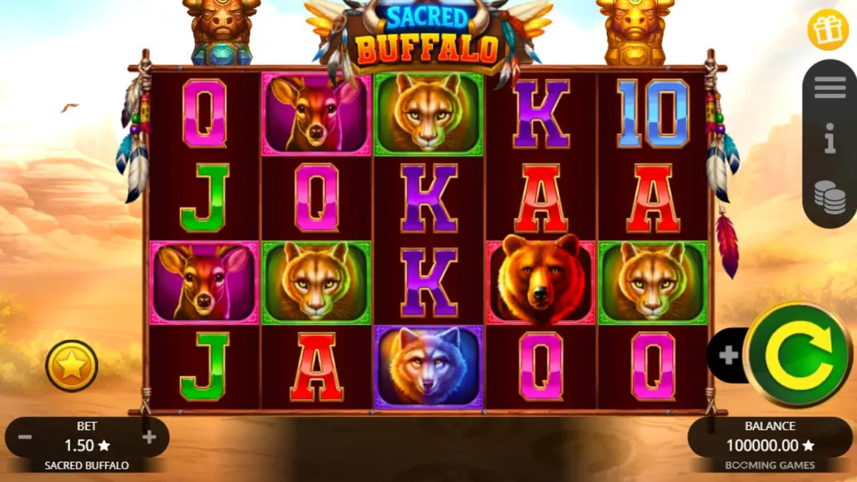 Isang visual na representasyon ng Sacred Buffalo slot na nagpapakita ng mga totem at wild animals sa Western plains.